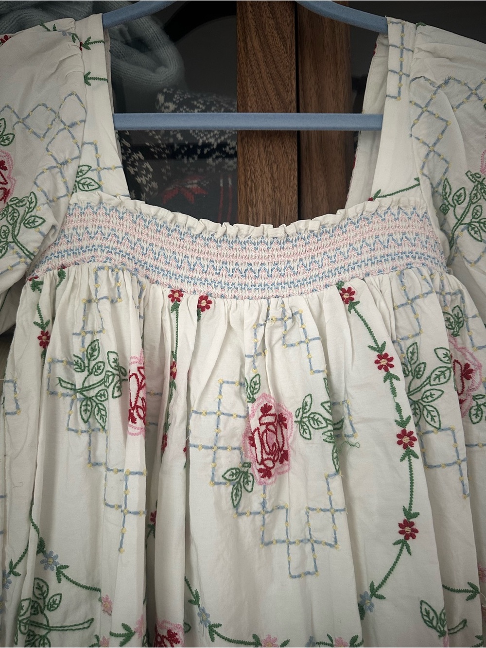 Ivory Embroidered Floral Smocked Mini Dress - Picture 5 of 6